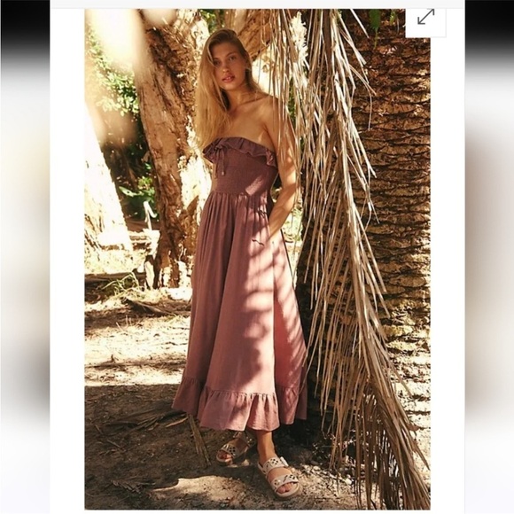 FREE PEOPLE Lush Life Linen Strapless Midi Dress - Antique Oak size xs - Picture 1 of 7